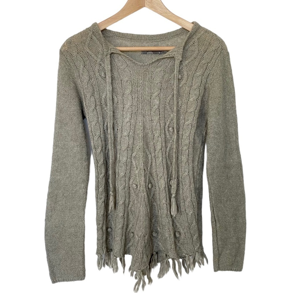 Prana Shelby Poncho Sweater Wool Blend Cable Knit Fringe Chunky Fall